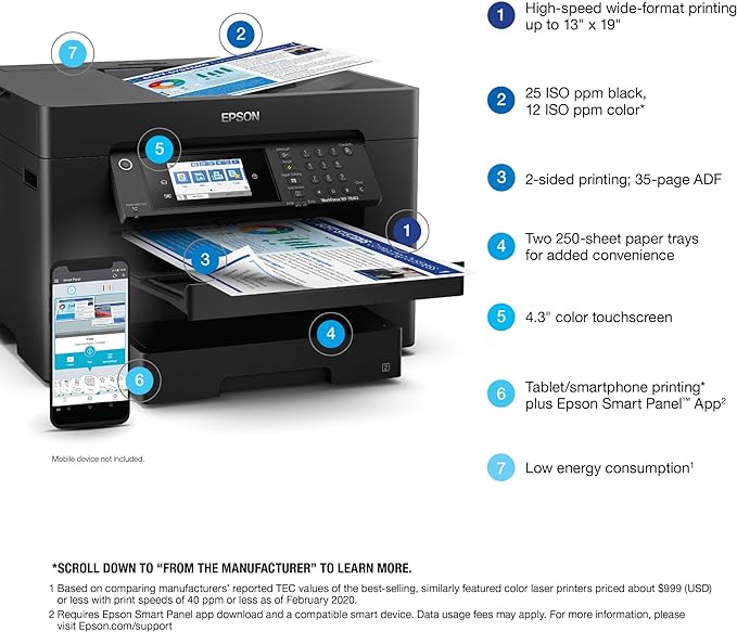 Epson Workforce Pro WF-7840 Wireless All-in-One Wide-Format Printer with Auto 2-Sided Print up to 13" x 19", Copy, Scan and Fax, 50-Page ADF, 500-sheet Paper Capacity, 4.3" Screen,Black