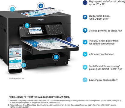 Epson Workforce Pro WF-7840 Wireless All-in-One Wide-Format Printer with Auto 2-Sided Print up to 13" x 19", Copy, Scan and Fax, 50-Page ADF, 500-sheet Paper Capacity, 4.3" Screen,Black