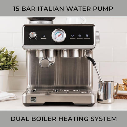 Kenmore Elite Espresso Machine – Automatic Coffee Maker with Auto Tamper, Auto Cleaning, Milk Steamer & Frother, Bean Grinder, Brew Professional Barista Style Cappuccino, Café Latte