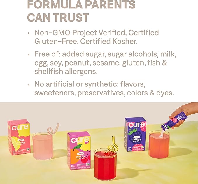 Cure Hydration - Kids Electrolyte Drink Mix | Plant-Based Pediatrician Formulated Rehydration | No Added Sugar, FSA-HSA, Non-GMO, Gluten-Free, No Artificial Flavors | Box of 6 Packets - Mixed Berry