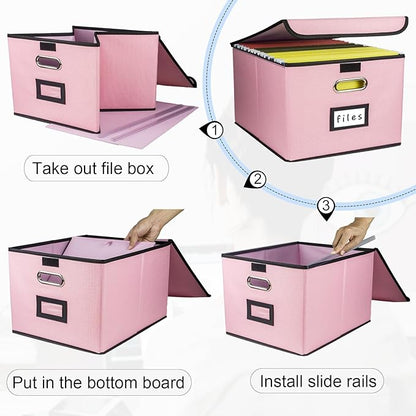 Collapsible File Organizer Box, filing Storage boxes for hanging files with lid, Linen Portable file folder box with handle, Decorative Document Storage Bins for Office/Home/Décor(Pink)