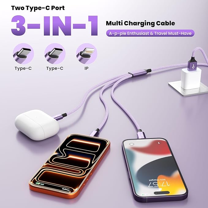 3 in 1 USB Cable with 2 USB-C/IP Port, Multi Charging Cables for Multiple Devices, USB C Splitter Cable, Multiple Charger Cord Travel Car Accessories for iPhone17-8, Androids iPad and More(1 Pack 4FT)