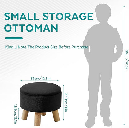 Small Foot Stool Ottoman with Storage, Faux Fur Ottoman Foot Rest for Couch, Round Footstool with Storage, Small Ottomans and Footstools for Living Room and Entryway (Black)