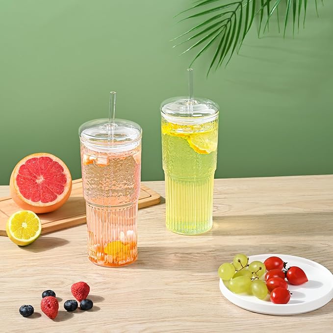 20oz Glass Cups With Glass Lids and Straws, High Borosilicate Iced Coffee Cups, Reusable Glass Tumblers for Coffee, Tea, Juice, Smoothies, Hot/Cold Drinks at Home, Office - 2 Packs