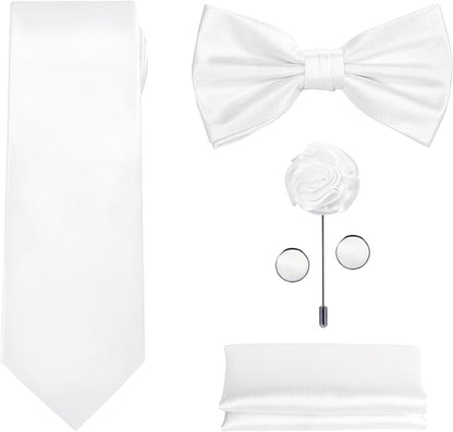 TIE G 5pcs Tie Set in WHITE OR BLACK GIFT BOX: Solid Color Necktie, Satin Bow Tie, Pocket Square, Lapel, Cuff Links