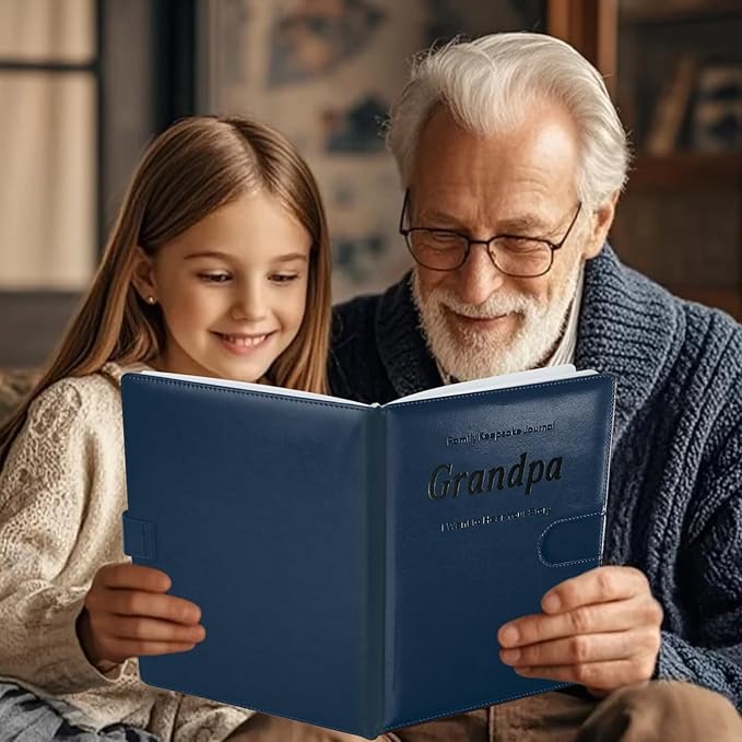 Artmag Grandpa's Life Story Journal with 250+ Prompt Questions, Family Keepsake Book Leather Cover for Grandpa to Share His Memories for Birthday Father's Day Christmas (Blue)