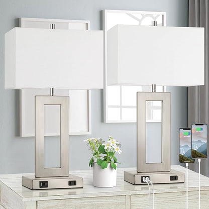 22'' Tall Table Lamps for Bedroom Set of 2, Silver Bedside Touch Control Lamp with 2 USB Ports&AC Outlet, Modern Living Room Table Lamp for Nightstand End Table, 3-Way Dimming with 2 E26 Edison Bulbs