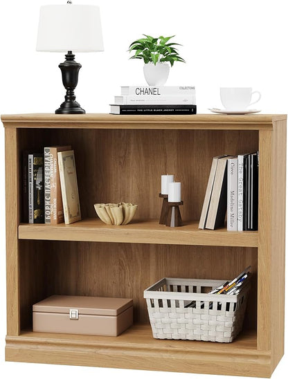 blini 2-Shelf Bookcase Wooden Bookshelves 33in Wide Floor Standing Display Storage Shelves Oak Bookcase for Home Office, Living Room, Bed Room