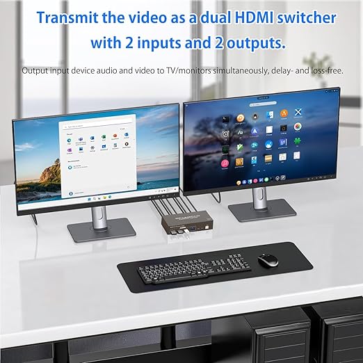 Dual Monitor HDMI KVM Switch 2 Monitors 2 Computers 4K 60Hz HD USB3.0 Switcher for 2PC or 2Laptops Share 2 Monitors and 4 USB Ports Keyboard Mouse Printer Scanner Support Multiple Monitors