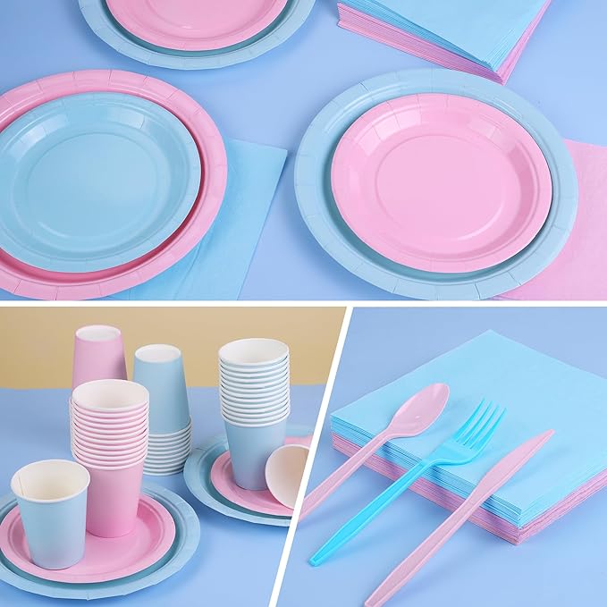 durony 350 Pieces Baby Gender Reveal Party Supplies Light Pink Light Blue Paper Plates Serve 50 Guests Boy or Girl Gender Reveal Plates Napkins Paper Cup Cutlery for 1st Birthday and Baby Shower Decor