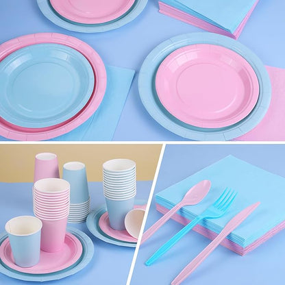 durony 350 Pieces Baby Gender Reveal Party Supplies Light Pink Light Blue Paper Plates Serve 50 Guests Boy or Girl Gender Reveal Plates Napkins Paper Cup Cutlery for 1st Birthday and Baby Shower Decor