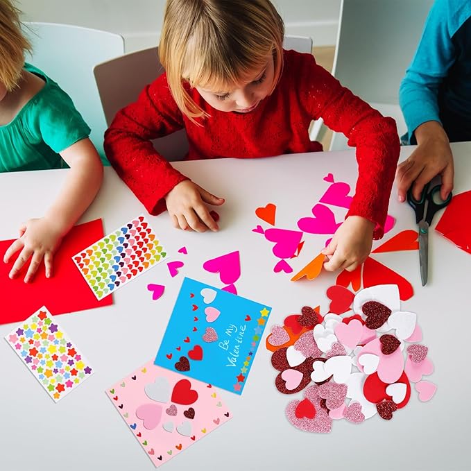Zonon 16 Pack Valentines Crafts DIY Card Valentines's Day Kits Foam Heart Sticker Craft DIY Kits Envelopes Cards Set for Exchange Gifts (Cute Color)
