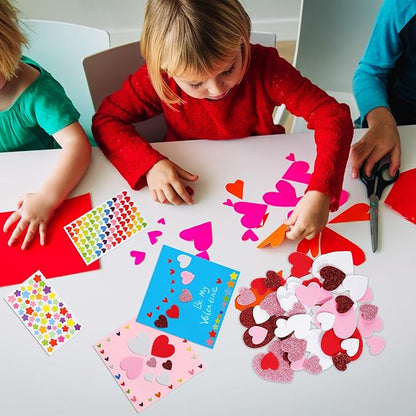 Zonon 16 Pack Valentines Crafts DIY Card Valentines's Day Kits Foam Heart Sticker Craft DIY Kits Envelopes Cards Set for Exchange Gifts (Cute Color)