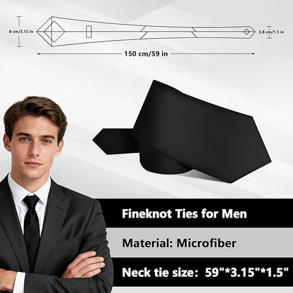 Fineknot Black Ties for Men, Formal Neckties for Men, Solid Color Mens Ties for Business, Wedding, Party, Mens Neck Tie