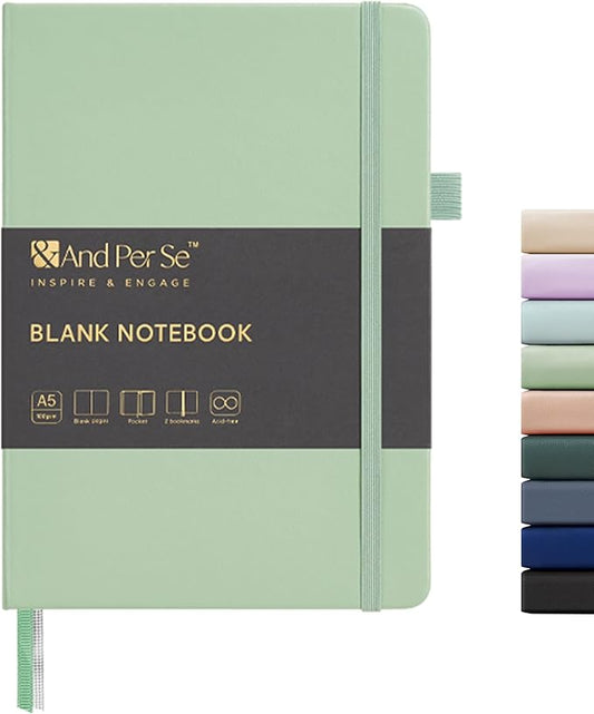 &And Per Se Blank Journal Notebook, 160 Pages, A5 5.7 x 8 inches 100 gsm Thick Paper Notebook Journals for Writing, Hardcover Notebook(1 Pack, Light Green)
