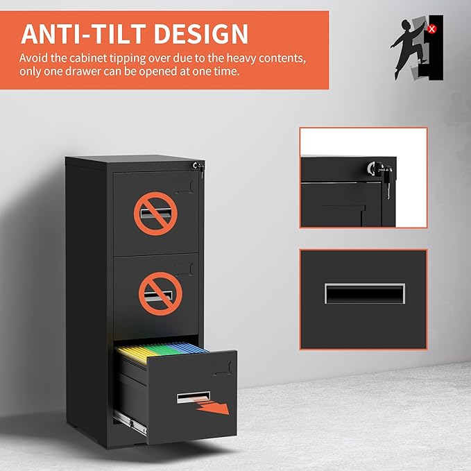 3 Drawer Metal File Cabinet with Lock Heavy Duty Locking File Cabinets Home Office Steel Filing Cabinet Vertical File Cabinets for Legal/Letter Size File,Assembly Required