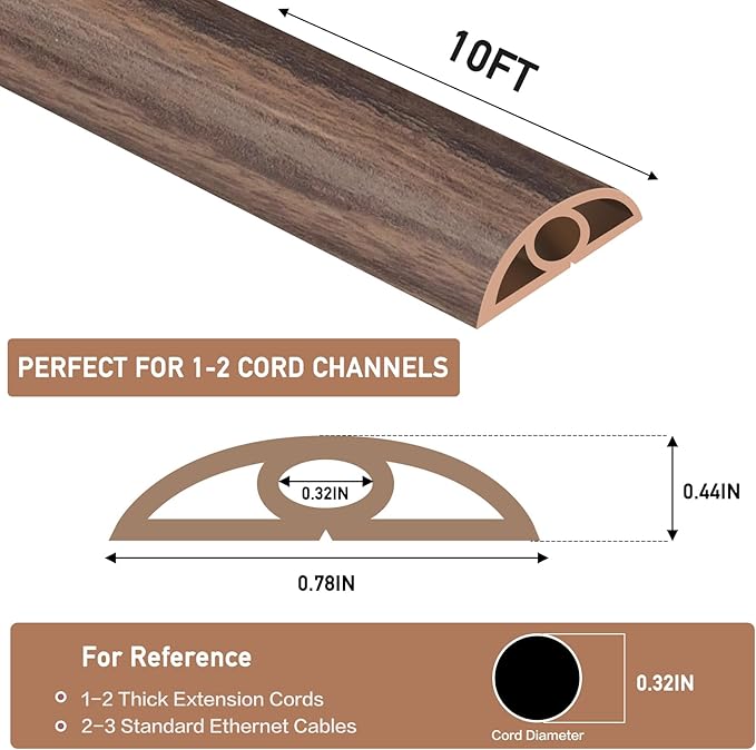Floor Cord Cover Self Adhesive Cord Hider Floor Extension Cord Covers for Floor Power Cord Protector Cable Management Prevent Cable Trips Cable Cavity 0.32" W x 0.32" H (Smoked Brown Wood, 10Ft)