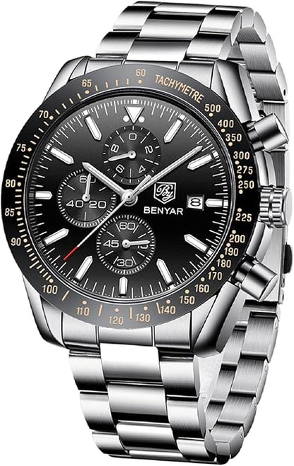 BY BENYAR Watch for Men Analog Quartz Chronograph Waterproof Luminous Designer Mens Wrist Watches Business Work Sport Casual Dress Watch with Silicone Strap Elegant Gifts for Men