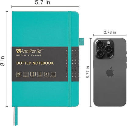 &And Per Se Dotted Journal Notebook, A5 Hardcover Leather Bullet Dotted Journal, 160 Pages 100 gsm Thick Paper, 3 Sheets of Stickers Included- 5.7'' x 8'' (Turquoise)