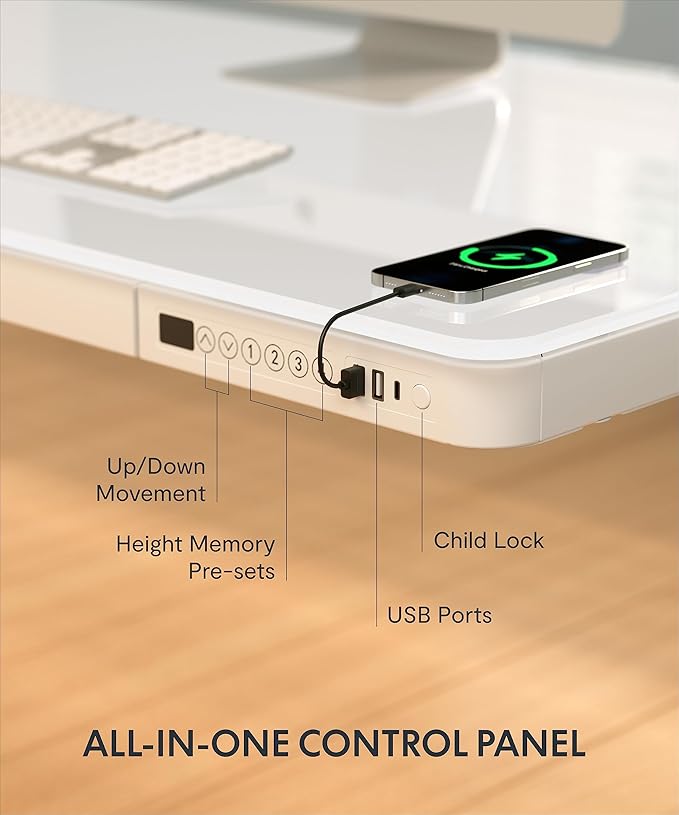 FLEXISPOT Electric Glass Standing Desk with Drawer Desktop & Adjustable Frame Quick Install w/USB Charge Ports, Child Lock (White, Glass)