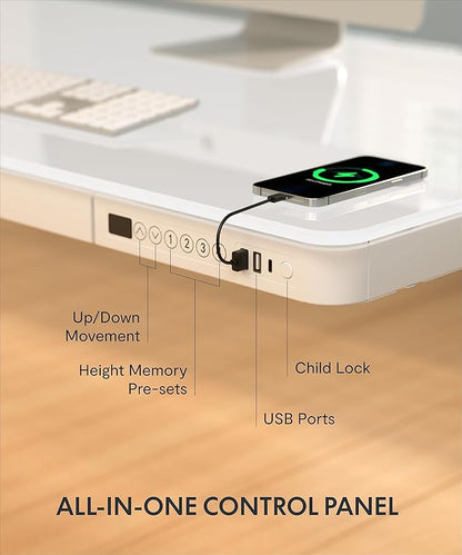 FLEXISPOT Electric Glass Standing Desk with Drawer Desktop & Adjustable Frame Quick Install w/USB Charge Ports, Child Lock (White, Glass)