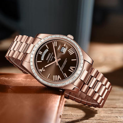 NIBOSI Men's Watches Analog Quartz Diamond Bezel Stainless Steel Dial Rose Gold Silver Watches for Men Waterproof Business Classic Dress Wrist Watch with Day Date