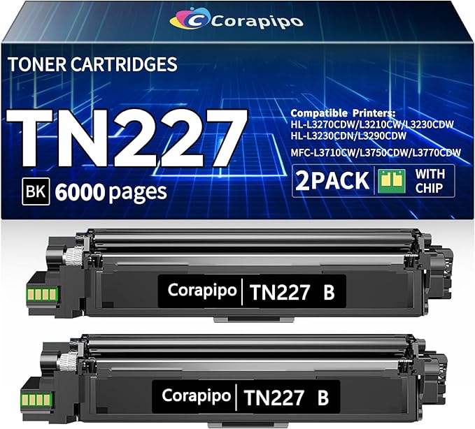 TN227 Black High Yield Toner Cartridge 2Pack: Compatible Replacement for Brother TN-227BK TN227 TN223Bk to Use with MFC L3770CDW MFC-L3710CW HL-L3270CDW HL-L3230CDW Printers
