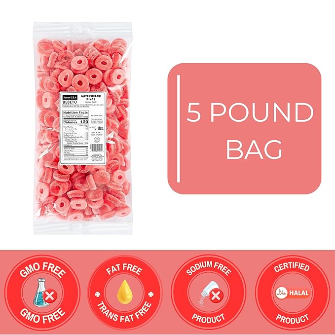 Kervan Candy Bebeto Watermelon Rings - Fruity, Soft, Sweet & Sour Gummy Candy Bulk for Kids, Gift Snacks and Parties - Watermelon Ring Gummies Big Party Size Bag (5 lbs)