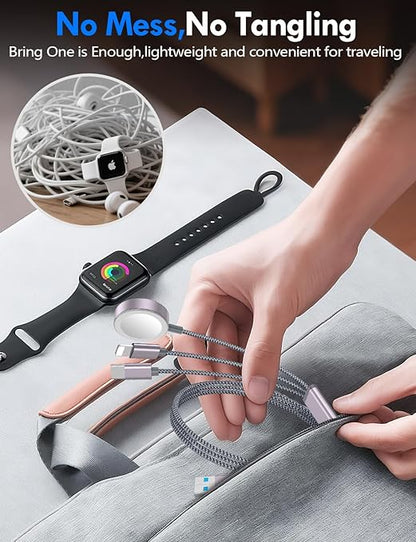 1Pack Multi Charging Cable Cord for Travel Essentials,Apple Watch Charger,iPhone Charger,[3-in-2] Type C/Lightning Cable Portable Designed for iWatch,iPhone 17-8,Galaxy S25-21,AirPods,iPad-1.5M Gray