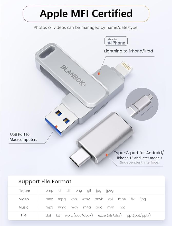 MFi Certified 512GB Flash Drive Thumb Drives USB Memory Stick High Speed Jump Drive, Portable Photo Stick External Storage iPhone Flash Drive for iPhone/iPad/Android/PC