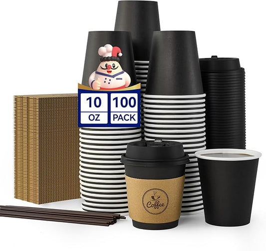 JOLLY CHEF 100 Count 10 oz Coffee Cups with Lids, Sleeves and Stirrers for Home, Office, Kitchen, Cafes, Disposable Hot Paper Cups for all Kinds of Beverages