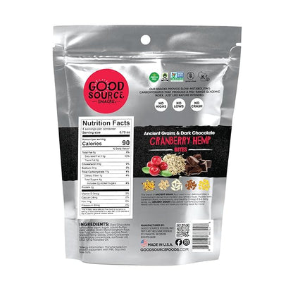 Good Source Snacks Dark Chocolate Bites & Ancient Grains, Cranberry Hemp, 9 Pack, 3 oz, Vegan, Gluten Free, Non GMO, Kosher Protein Bites