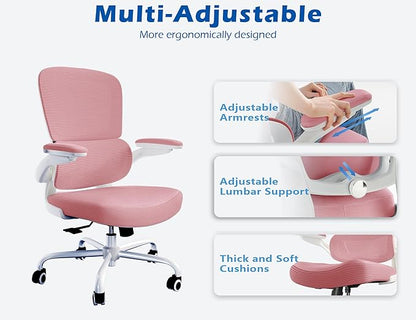 TRALT Ergonomic Office Chair - Desk Chair with Adjustable Lumbar Support Computer Chair - Mesh Comfy Chair with Flip-up Armrests - Gaming Chairs for Adults Home Office (Leather, Pink)