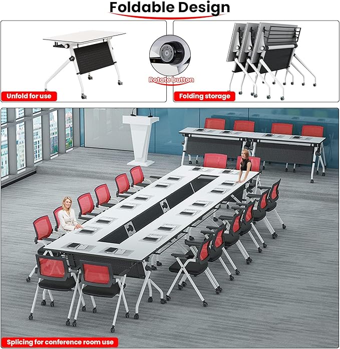 Conference Room Tables,47.2" Modern Office FoldingTraining Conference Tables,Flip Top Mobile Seminar Table with Lockable Wheels,Mobile Foldable Meeting Table for Classroom Office (white, 4 pack)