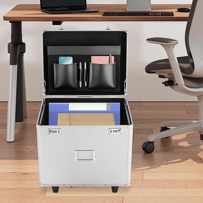 Portable Locking File Storage, Aluminum Alloy Document Box with Wheels Rolling File Storage Organizer Box Large Capacity Multifunctional Filing Cabinet with Security Code Lock for Office Home