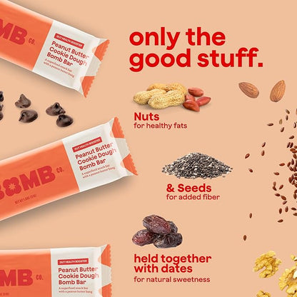 The Bomb Co. Blender Bomb Bar, Peanut Butter Cookie Dough, Superfood Snack Bar for Gut Health, Peanut Butter, Hemp Seeds, Chia Seeds, Flax Seeds, Sea Salt, Aloe Vera, Vegan Chocolate Chips, 9 Bars