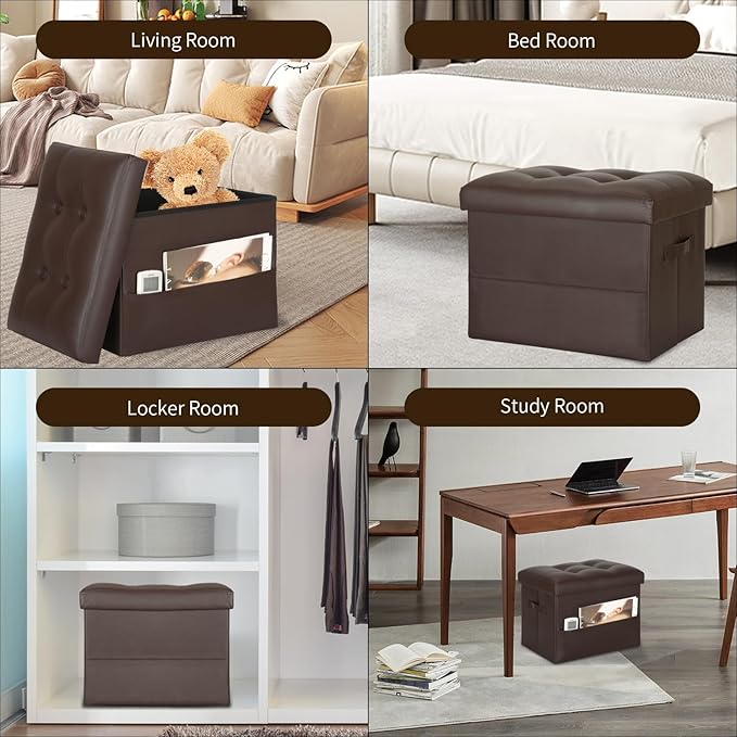 Storage Ottoman Foot Rest Stool, Foldable Leather Footstool Storage Bench with Thicker Foam Padded Seat. Foot Rest Under Desk for Living Room Bedroom 350 lbs, 17x13x13 in, Brown