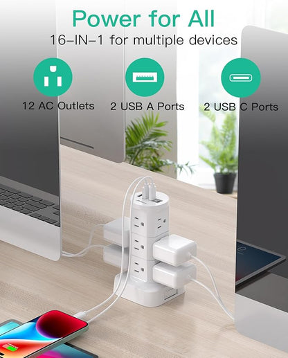 Surge Protector Power Strip Tower, 10FT Extension Cord with Multiple Outlets(12 AC Outlets), Surge Protector with USB Ports, Charging Station for Multiple Devices, Office Supplies, Dorm Essentials
