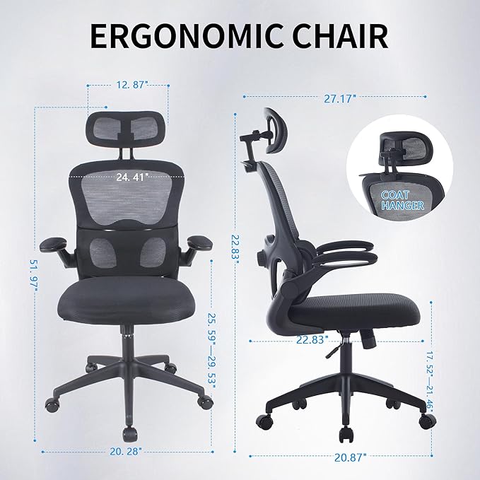 Ergonomic Mesh Office Chair, 400 lbs Capacity, High Back Desk Chair with Adjustable Lumbar Support, 3D Headrest, Flip-Up Armrests, and PU Wheels for Long Workdays and Home Office (Black)