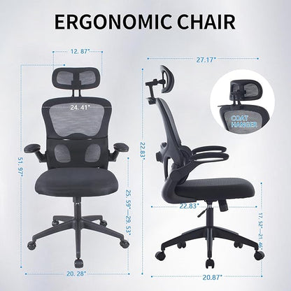 Ergonomic Mesh Office Chair, 400 lbs Capacity, High Back Desk Chair with Adjustable Lumbar Support, 3D Headrest, Flip-Up Armrests, and PU Wheels for Long Workdays and Home Office (Black)