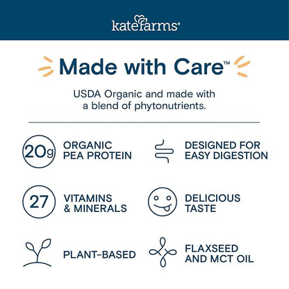 KATE FARMS Organic 1.4 High Calorie Nutrition Shake, Vanilla, 20g Protein, 27 Vitamins and Minerals, Meal Replacement, 11 oz (6 Pack)