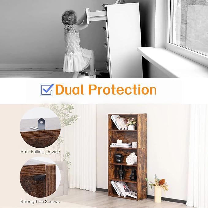 Bookshelf, 5 Tiers Wood Bookcase, 63 Inch Floor Standing Bookshelves, Open Storage Shelves for Books/Kits/Toys/CDs, Vintage Tall Shelf with Freestanding for Home Office Bedroom