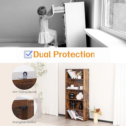Bookshelf, 5 Tiers Wood Bookcase, 63 Inch Floor Standing Bookshelves, Open Storage Shelves for Books/Kits/Toys/CDs, Vintage Tall Shelf with Freestanding for Home Office Bedroom