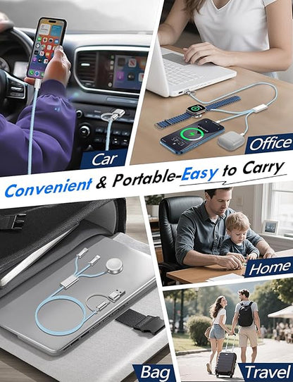 2Pack Multi Charging Cable Cord for Travel Essentials,Apple Watch Charger,iPhone Charger,[3-in-2] Type C/Lightning Cable Portable Designed for iWatch,iPhone 17-8,Galaxy S25-21,AirPods,iPad-1.5M Blue