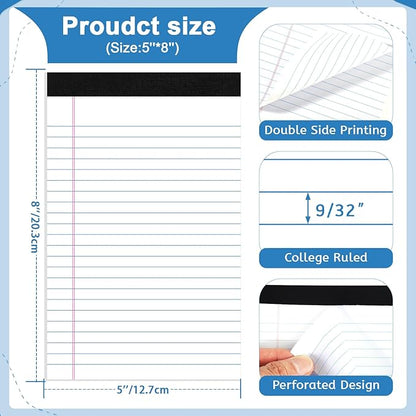 6 Pack Legal Pad 5x8, 180 Sheets Small Note Pad College Ruled Writing Pad Perforated Notepad for School, Office, To-Do Lists Grocery List Shopping List, 30 Sheets White
