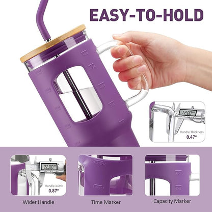 Glass Tumbler with Straw and Lid, 40 oz glass cup with handle, Glass Water Bottles with Time Marker, Silicone Protective Sleeve-Dark Purple