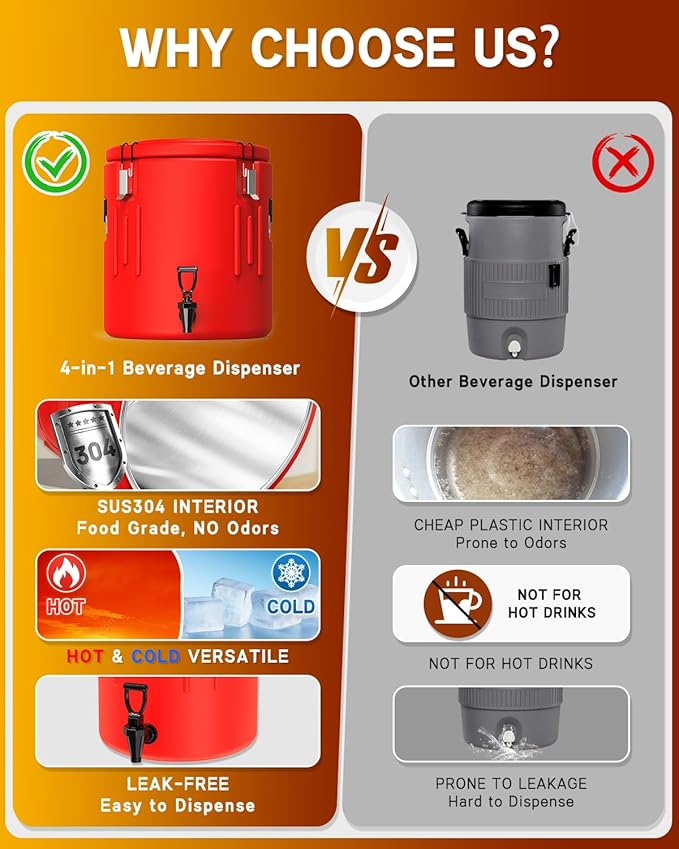 Insulated Beverage Dispenser 5 Gallon - Ice and Hot Drink Dispenser with 304 Stainless Steel Interior and Spout, Portable Hot Water Dispenser, Outdoors Cooler Jug for Camping Party Sports,N9