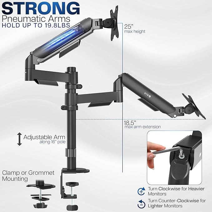 VIVO 17 to 32 inch Dual Pneumatic Monitor Mount, 2 Pneumatic Arms, Adjustable Swivel, Rotation, Heavy Duty VESA Desk Stand with C-clamp, Grommet, Max VESA 100x100, Black, STAND-V002K