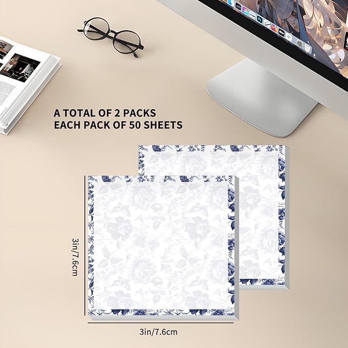Sticky Notes 3x3 Inches, 2 Pack Cute Colorful Bright Self-Stick Note Pads, Easy to Post for Home, Office, Notebook, Meeting Luxuious Blue Flowers