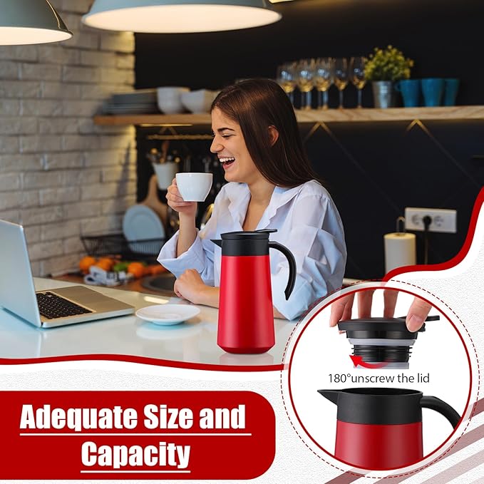 2 Pcs 27oz Thermal Coffee Carafe Stainless Steel Coffee Pot for Keeping Hot/cold Insulated Double Walled Vacuum Tea Pot with Press Button Drink Beverage Dispenser for Milk Tea (Red)